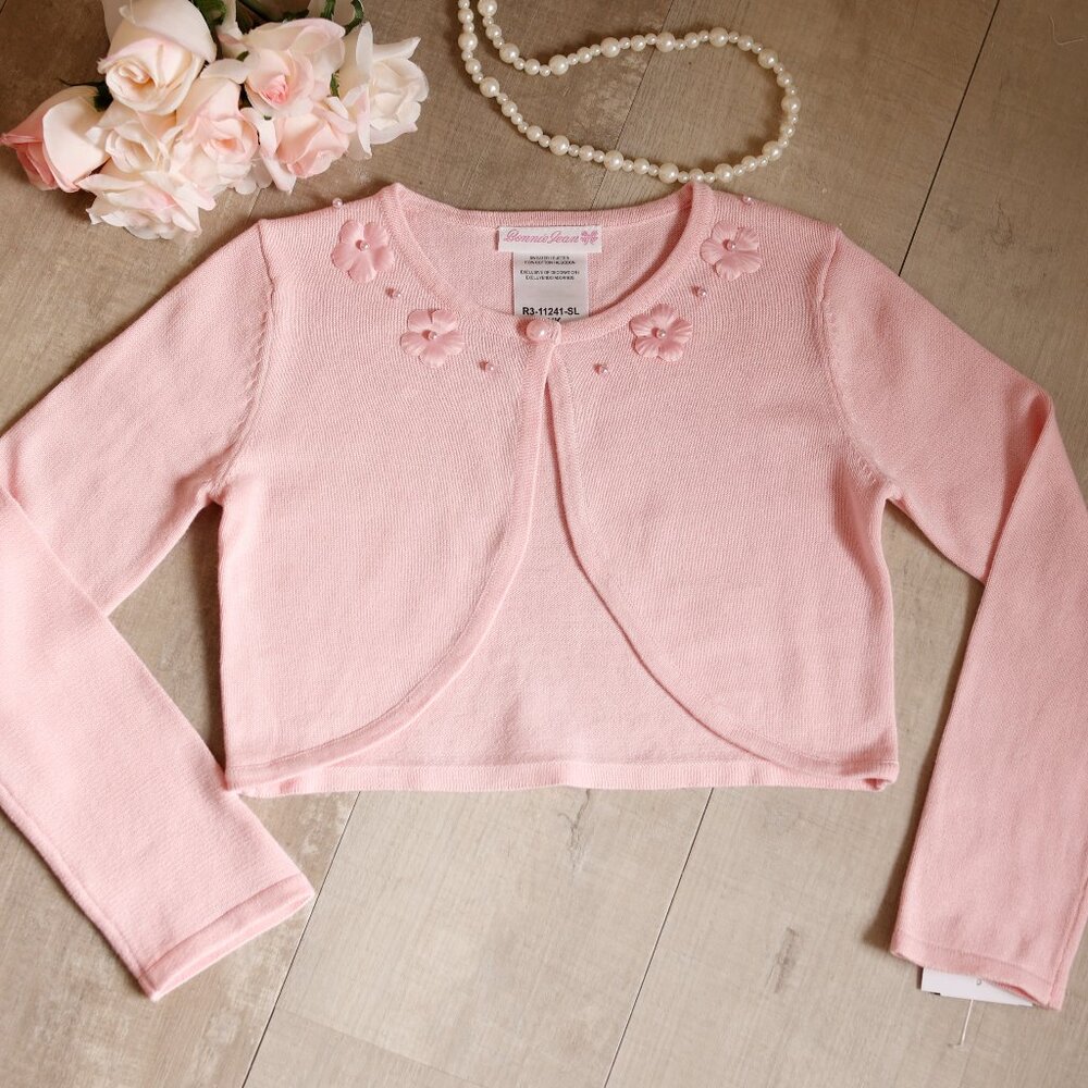 Girls 100% Cotton Pink Sweater Cardigan Shrug Bolero Pearls Floral Appliqués NWT